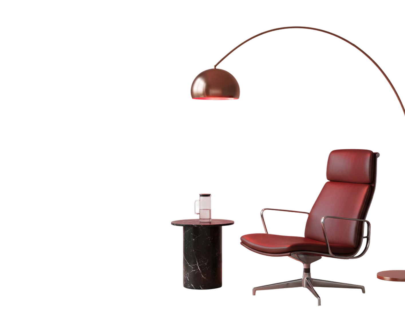 Premium contemporary office red leather armchair lounge and architectural minimalist lamp