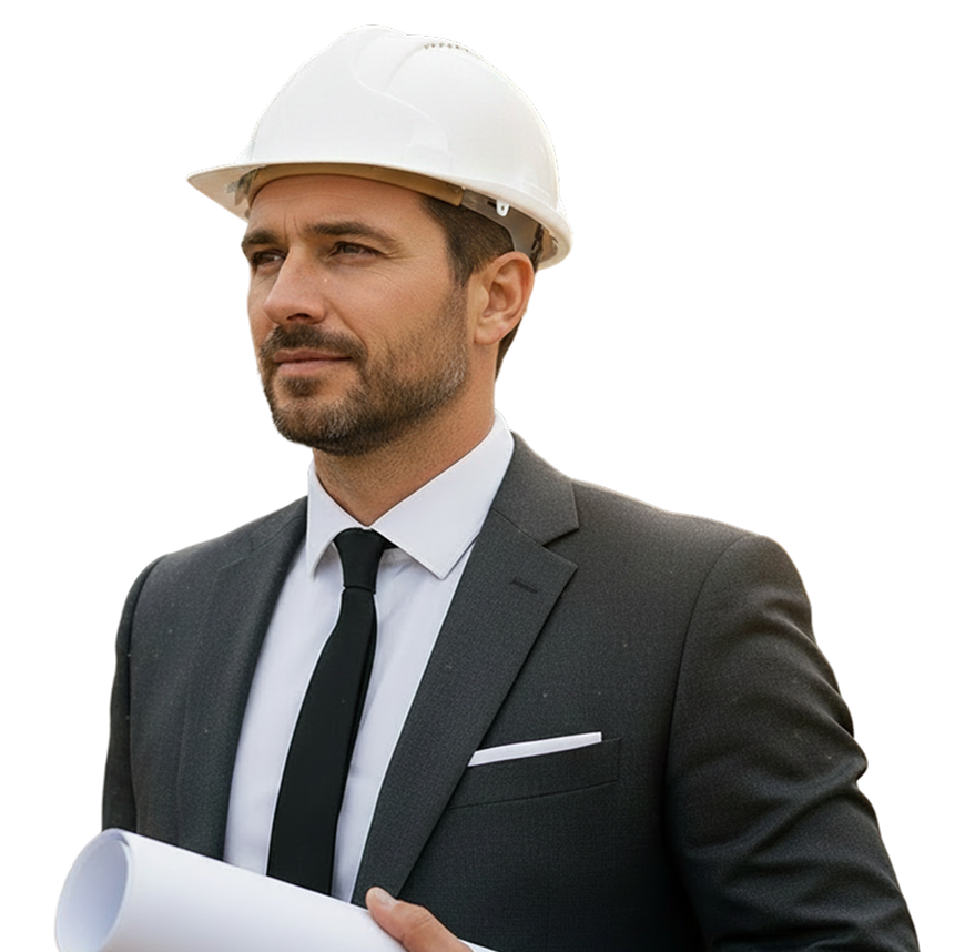 Builder wearing white helmet safety gear