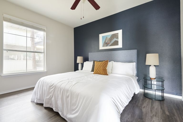Bedroom with navy accent wall